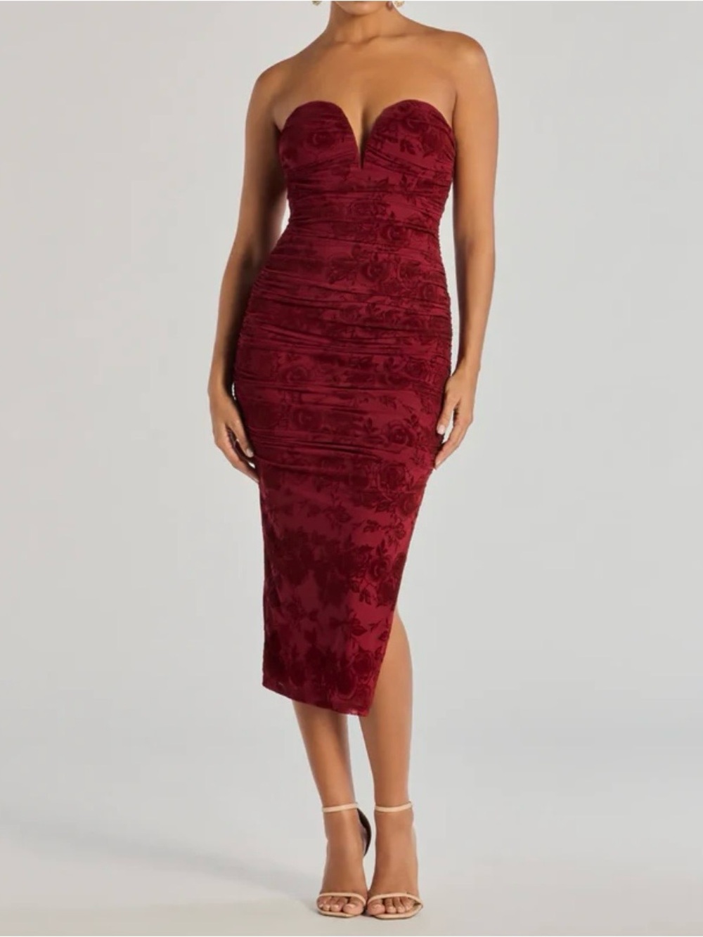 Windsor‎ Destiny Strapless Velvet Bloom Midi Dress in Burgundy NWT L